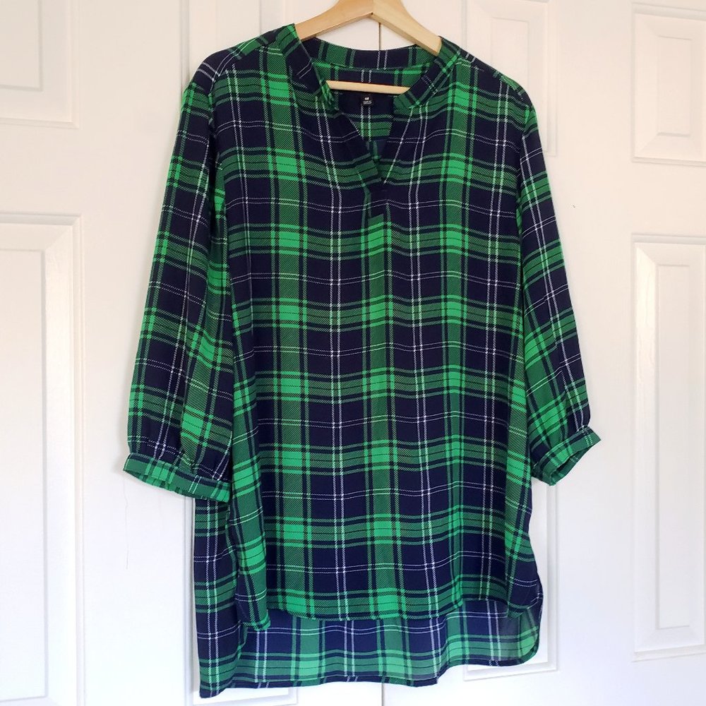 Flowy Green Plaid Tunic - Size M - 3/4 Sleeve